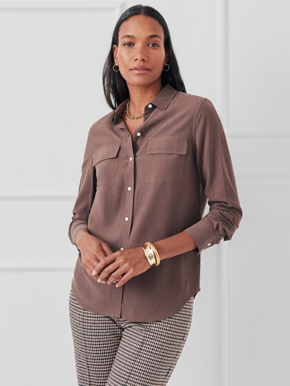 J McLaughlin Miris Silk Shirt - Brown NEW